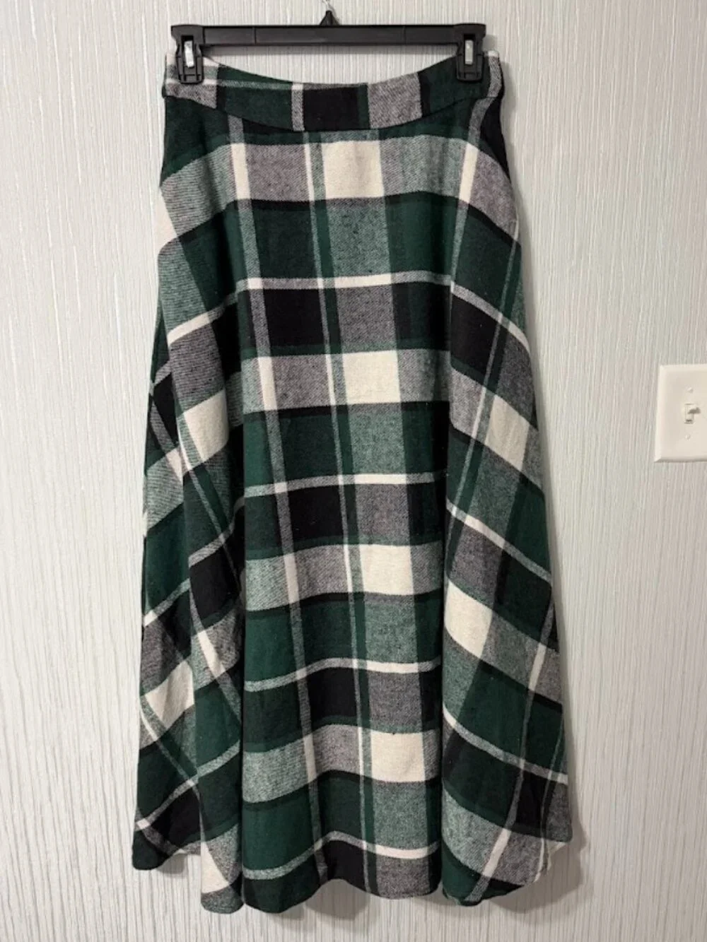 Green Black Plaid Maxi Skirt A-Line Flare Pockets